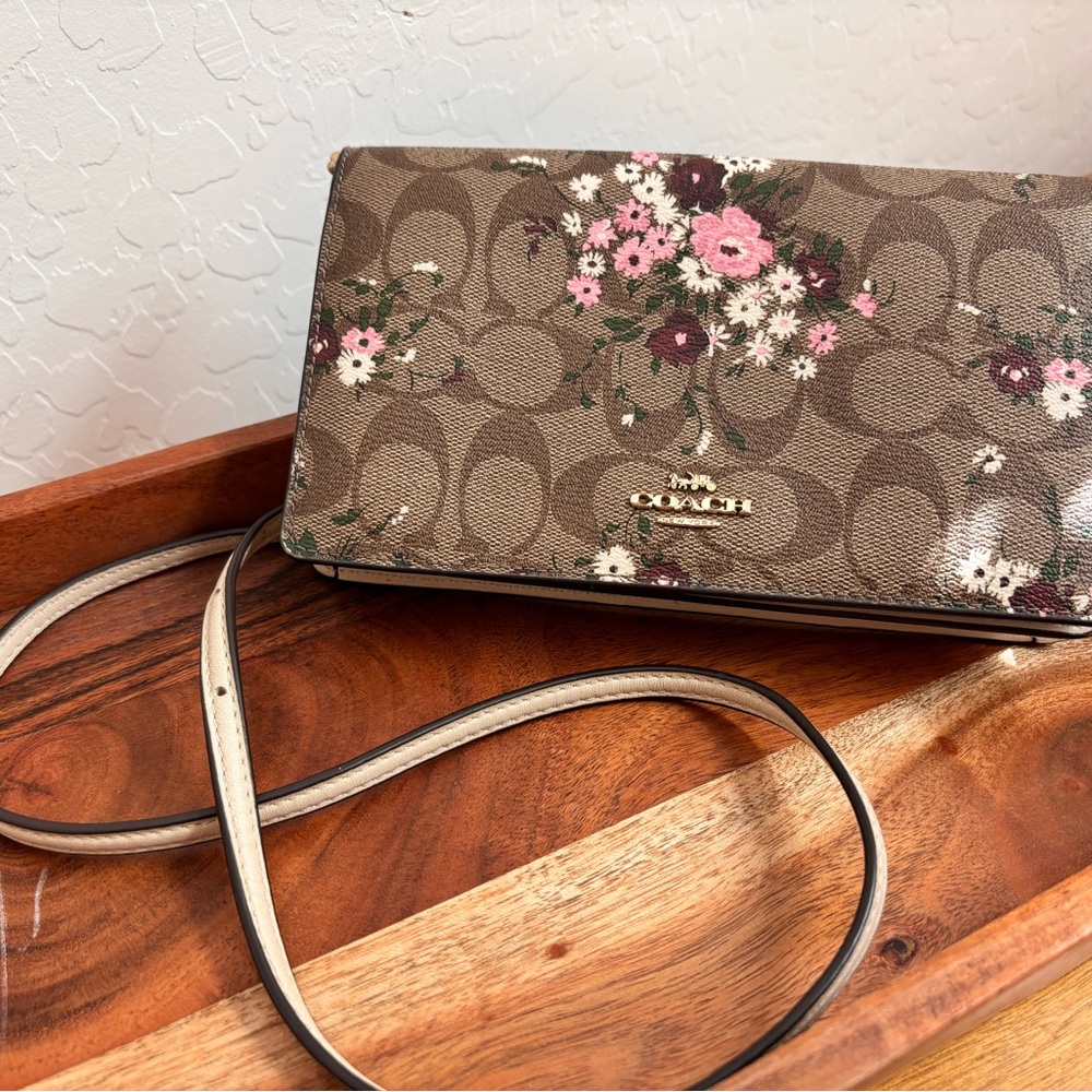 Coach Brown and Pink Crossbody Bag with Floral Accents